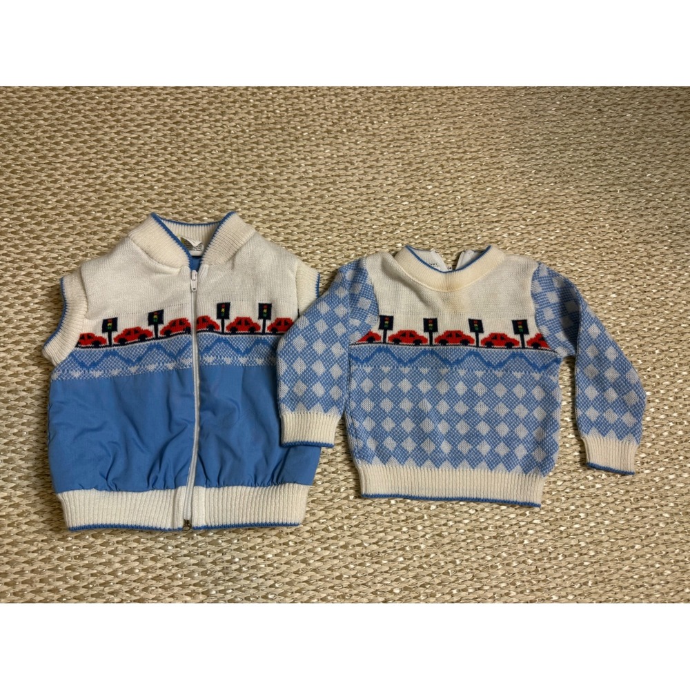 Petit Jouet Vintage 12M Baby Car Sweater and Vest Set Blue knit Cottagecore 80's